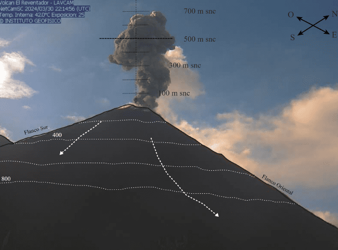 Explosion from Reventador volcano on 30 March (image: Instituto Geofísico)