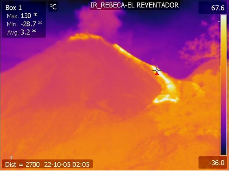 The active lava flow on the NE slope at Reventador volcano yesterday (image: IGEPN)