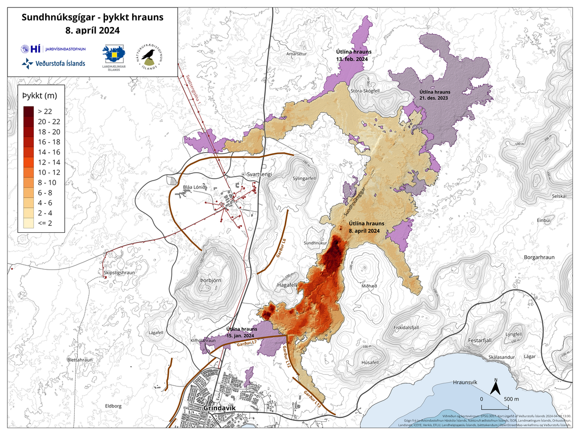 The lava flow map from 8 April portrays its area and thickness since the beginning of the eruption. The purple color represents the lava flow from December 2023 (image: IMO)