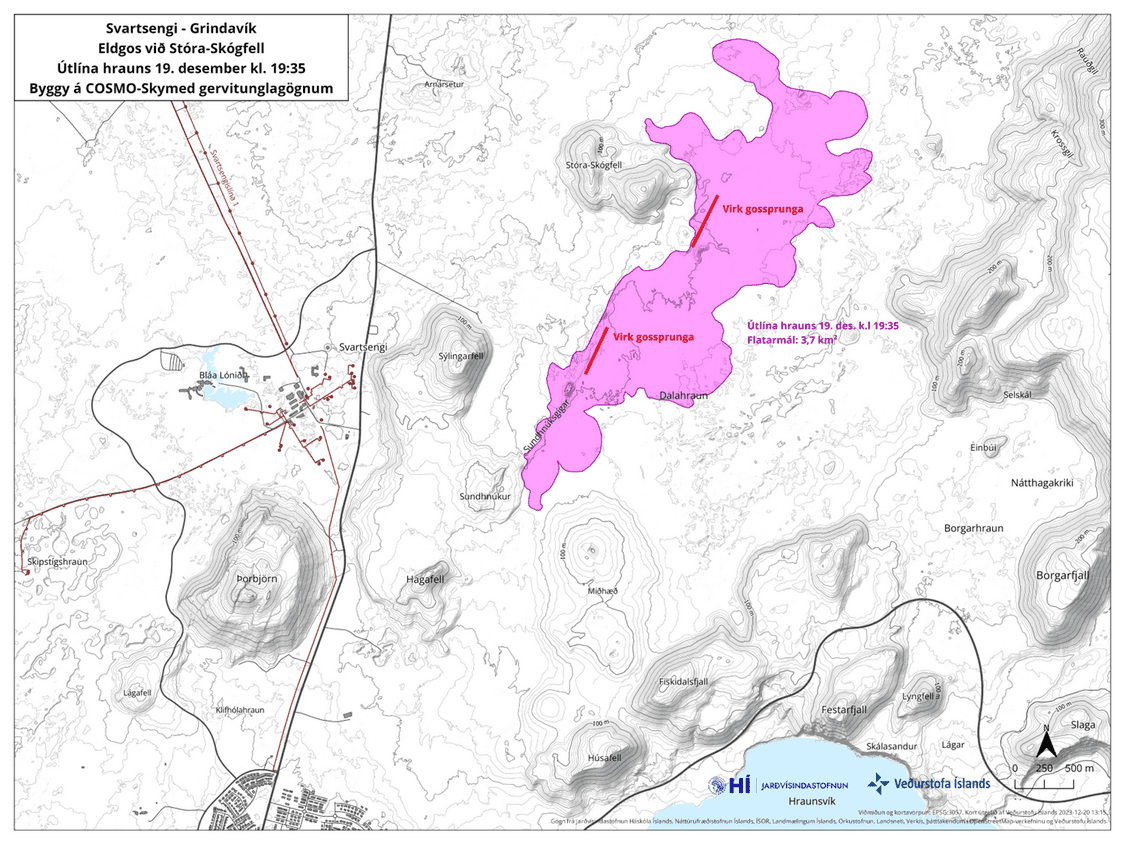 The lava flow field (pink) continues to extend towards the east and north of the eruptive fissure (image: IMO)