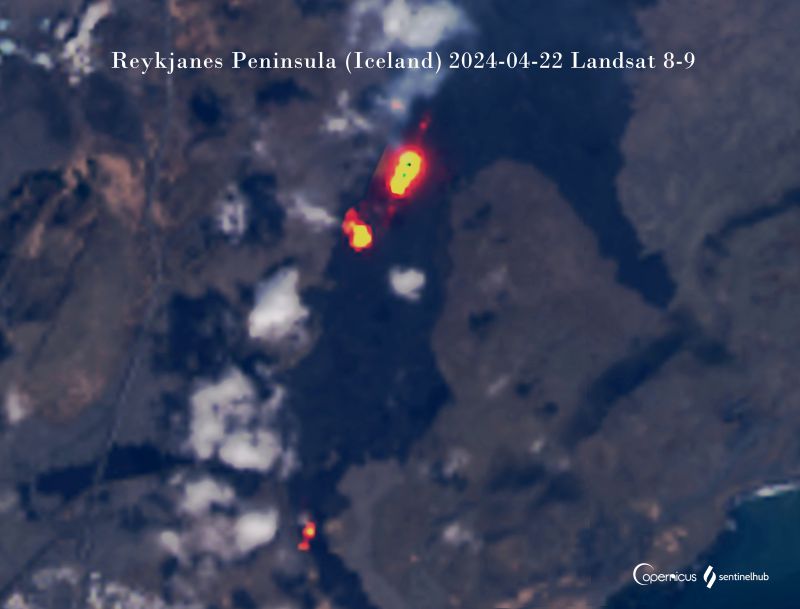 The thermal anomaly in the vicinity of the spatter cone and in the southern part of the lava flow field as seen from space on 22 April (image: Landsat 8-9)