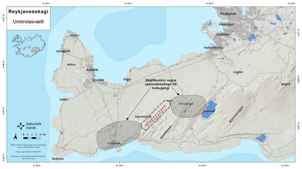 The area where Icelandic scientists believe is being affected by a magmatic intrusion that might or not lead up to an eruption in the near future (source: IMO / twitter)