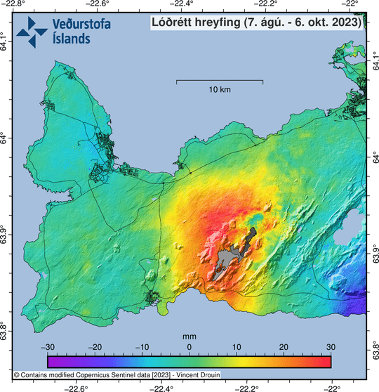 Nueva imagen InSAR de la península de Reykjanes entre el 7 de agosto y el 6 de octubre (Imagen: Sentinel-1)