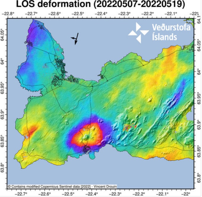 Significant ground uplift around Svartsengi during 7-19 May (image: IMO)