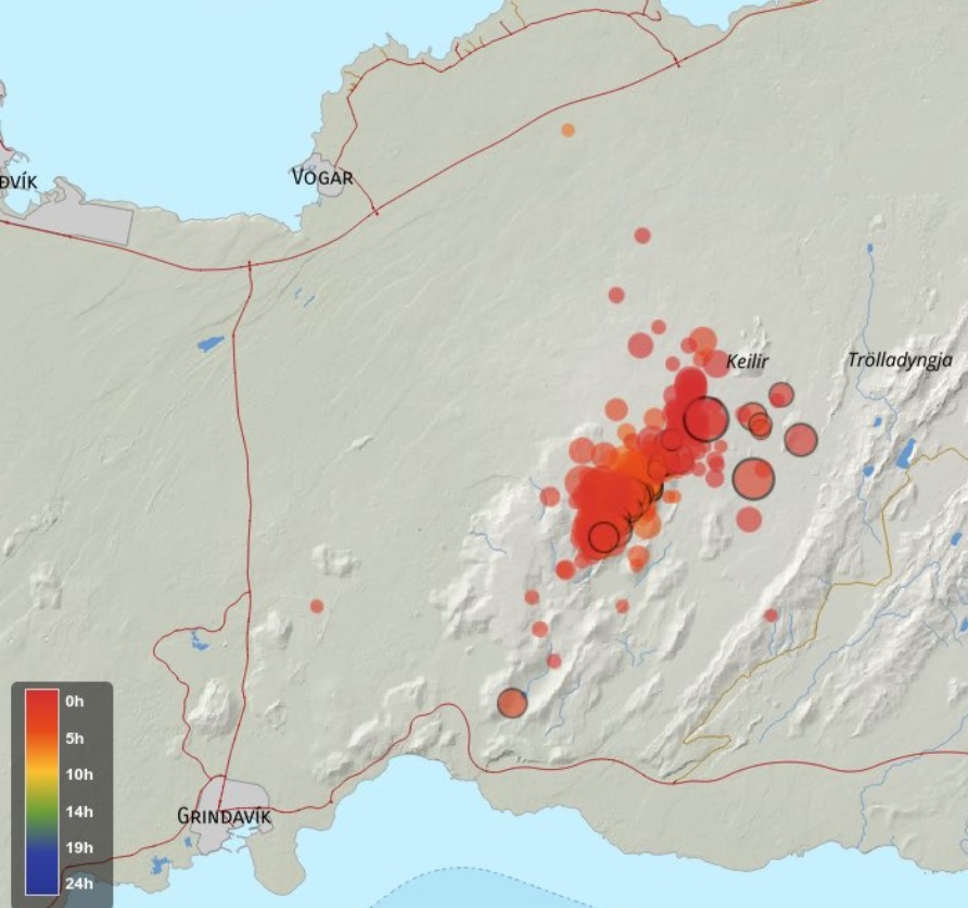 Seismic swarm location at Reykjanes Peninsula over the past 4-12 hours (image: IMO)
