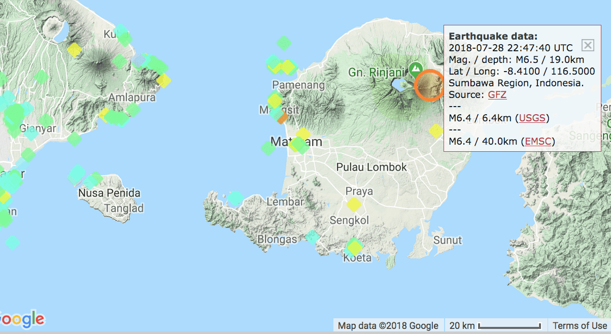 Location of the earthquake near Rinjani and submitted "I-felt-it" reports