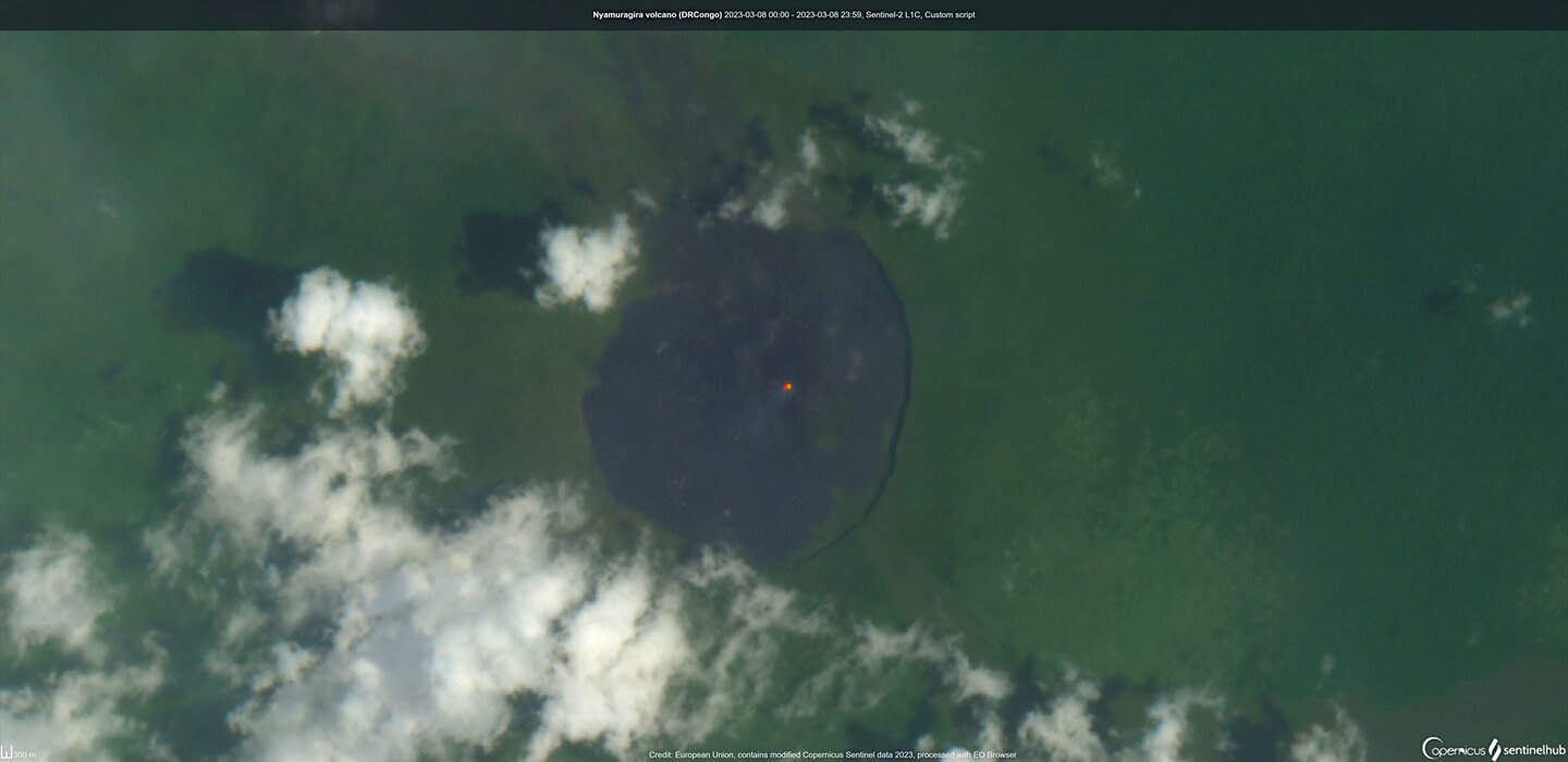 The effusive activity within Nyamuragira's main crater as visible from satellite on 8 March (image: Sentinel-2)