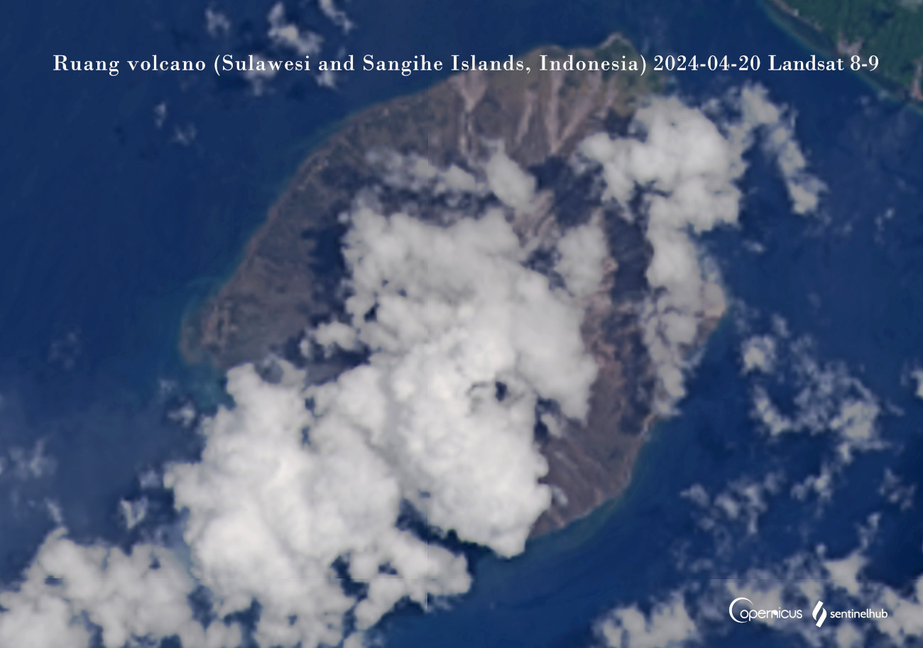 The aftermath of the strong eruptive period at Ruang as seen from space on 20 April (image: Landsat 8-9)