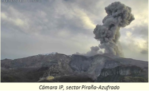 Eruption column from Nevado del Ruiz volcano yesterday (image: SGC)