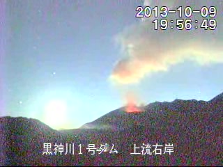 Showa crater of Sakurajima with glow from strombolian activity this evening