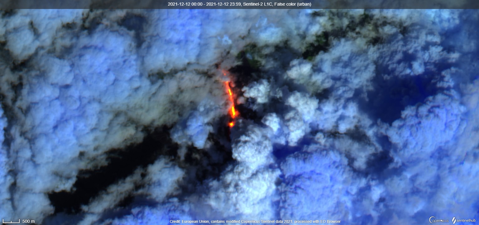 Visibility of the lava effusion was very limited due to dense clouds from satellite on 12 December (image: Sentinel 2)