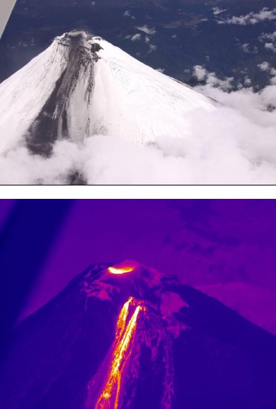View of the upper SE flank of Sangay volcano and thermal image showing the various vents at the dome emitting lava flows that form several branches and reach the base of the summit cone (Photo: P. Ramón OVT/IG)