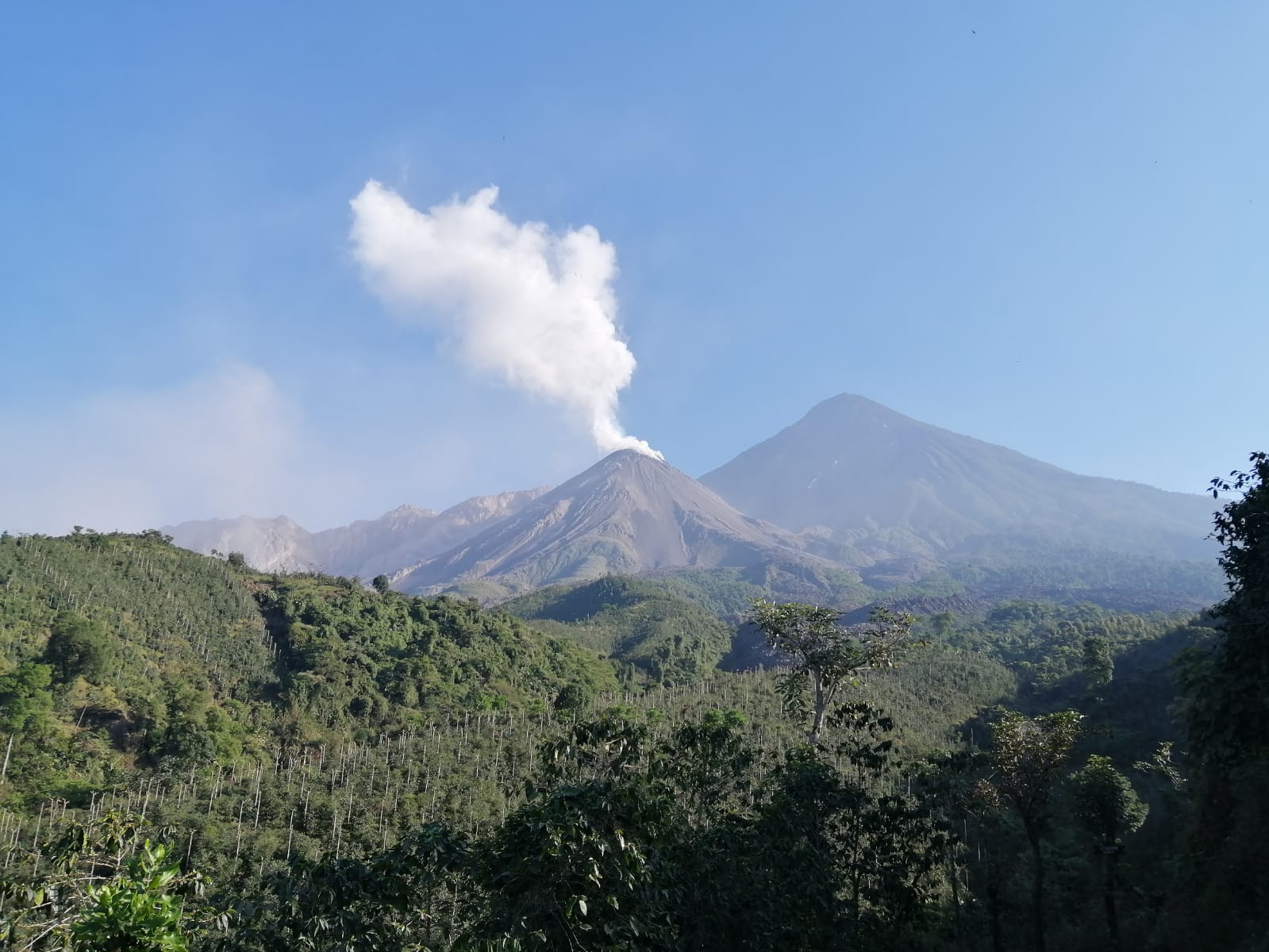 Degassing from Santiaguito volcano with Santa Maria in the background (image: CONRED Guatemala)