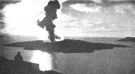 One of the gray ash eruptions, on 13 Jan 1950, reaching about 400 m height (photograph by M. Joachimides)
