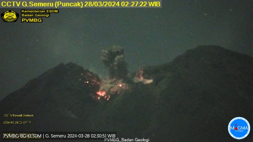 The eruption onset from the lava dome area caught on the webcam last night (image: PVMBG)