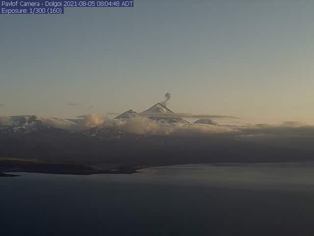 Small ash emissions at Pavlof volcano on 5 August observed in AVO's Dolgoi webcam (image: AVO)