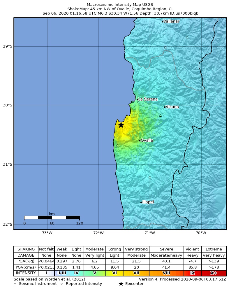 Shakemap of last evening's earthquake in Chile (image: USGS)