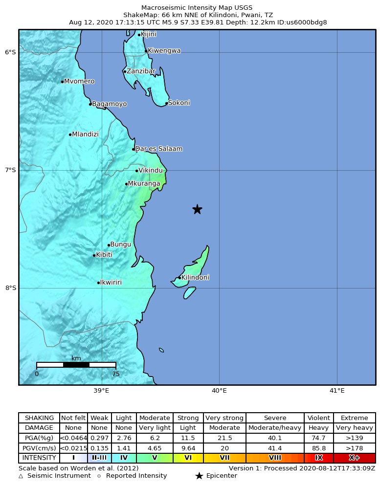 Shakemap of this evening's earthquake in Tanzania (image: USGS)