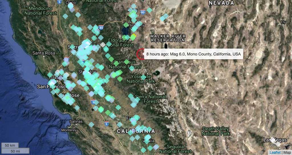 Locaion of user reports feeling this morning's quake in California