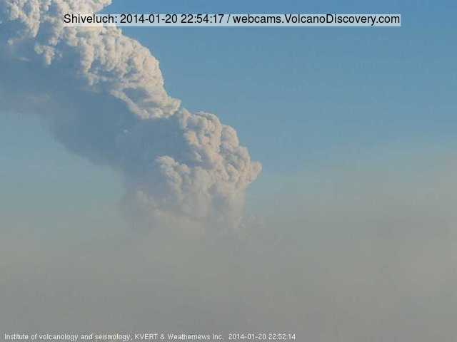 Ash column rising from Shiveluch volcano this morning