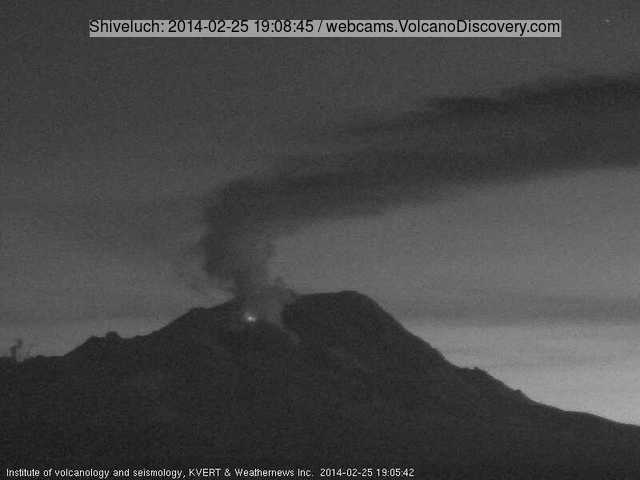 Glow from Shiveluch's lava dome and steam/ash plume