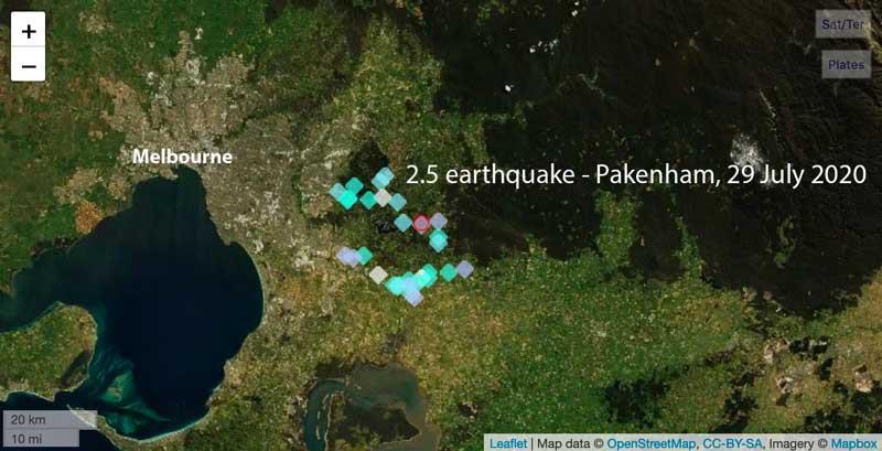 Location of the mag 2.2 earthquake below Pakenham on 29 July 2020 and user-report locations. Light blue and green rectangles indicate very light to light shaking felt of the quake.