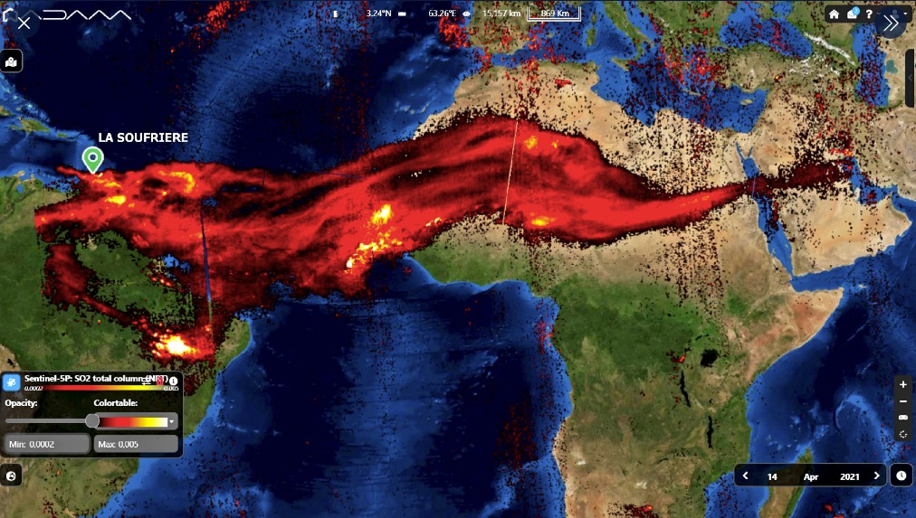 SO2 plume from the recent explosions reaching Africa (image: Sentinel Hub)