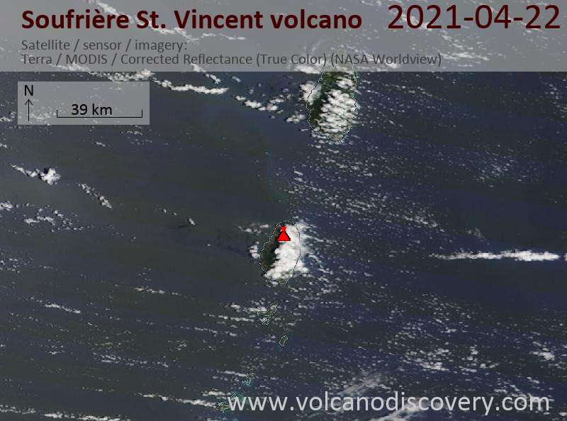 Image satellite du volcan Soufrière Saint-Vincent le 23 avril 2021