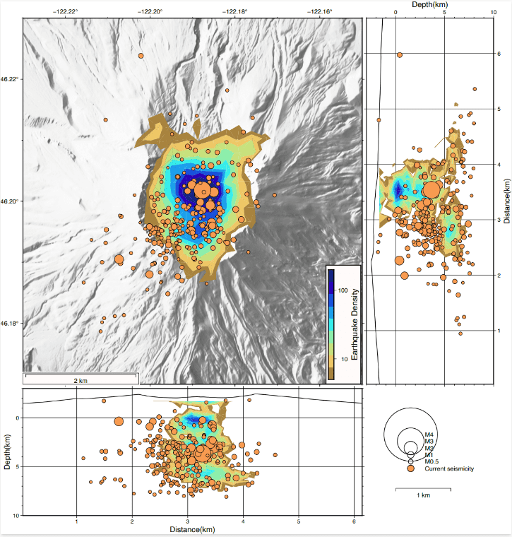 Digital elevation model of Mount St. Helens volcano and earthquake density during 1987-2004. Areas with a lot of earthquakes are in blue, while areas with fewer earthquakes are shown in oranges and browns. The earthquakes associated with the current episode are shown in orange (image: CVO)