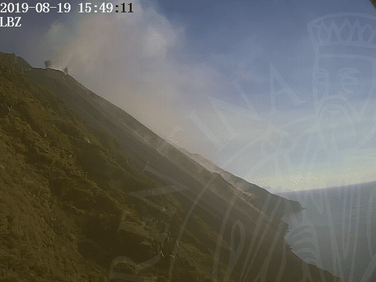 Eruptions at the summit and dust from frequent rockfalls along the (hidden-in-view) lava flow on the Sciara (image: LGS webcam)