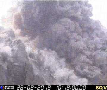 View from 400 m shortly after the explosion showing the pyroclastic flow (image: INGV Catania webcam at 400 m)