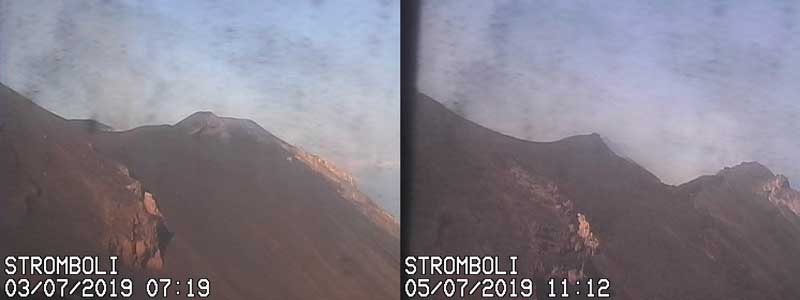 Comparison of the crater area of Stromboli before (l) and after (r) the massive explosion of 3 July (images: Vulcano a Piedi webcam)