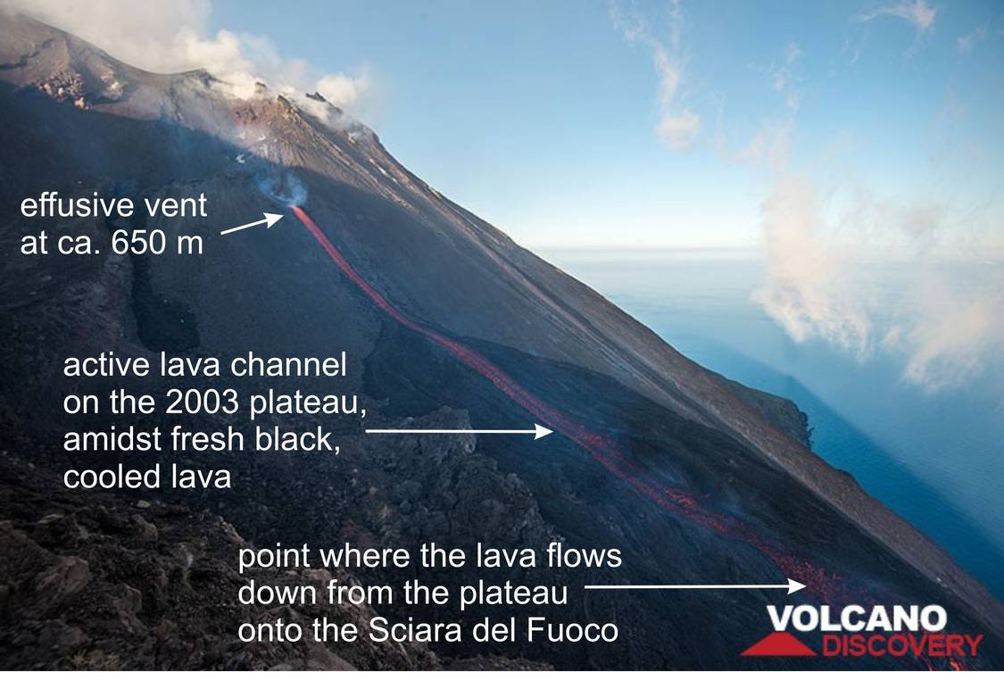 View onto the upper part of the lava flow early on the 10th of August, showing the trajectory of the lava from the vent down onto and across the plateau before it flows down the Sciara del Fuoco. Only the vent at the origin and the overflow from the plateau are visible from the 400 m webcams.
