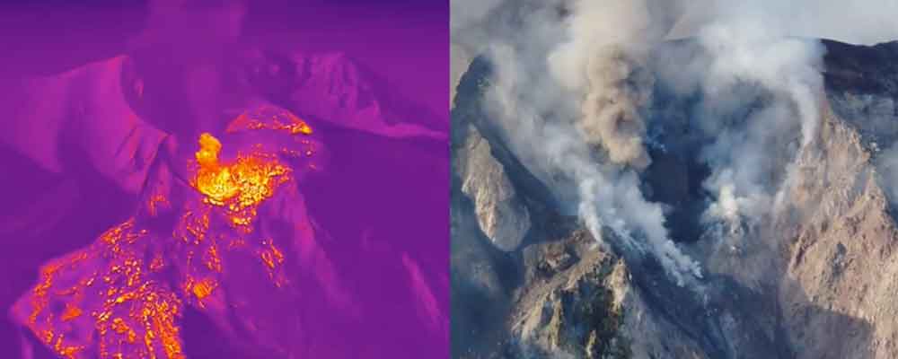 Thermal view of Stromboli's crater area (left) and a corresponding visual of the NE crater area (right) from the video by INGV