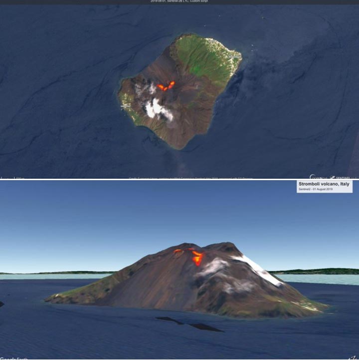 Thermal signals on Stromboli placed over a google earth 3D view showing the active vents and lava overflows in the upper part of the Sciara (image: Civil Protection / facebook)
