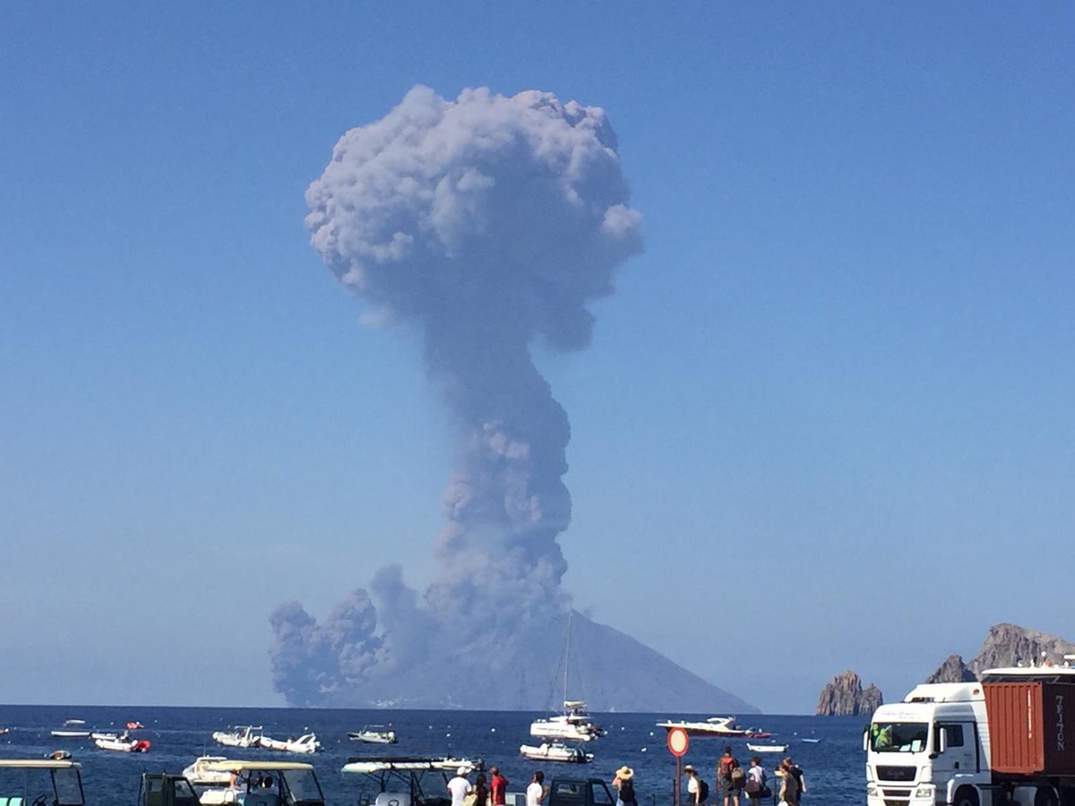 The large eruption column from Stromboli's eruption today rising approx. 5 km, and ash plumes from a pyroclastic flow down the Sciara. Image taken from neighboring island of Panarea, courtesy of Marco Ortenzi via twitter (@mortenzi)