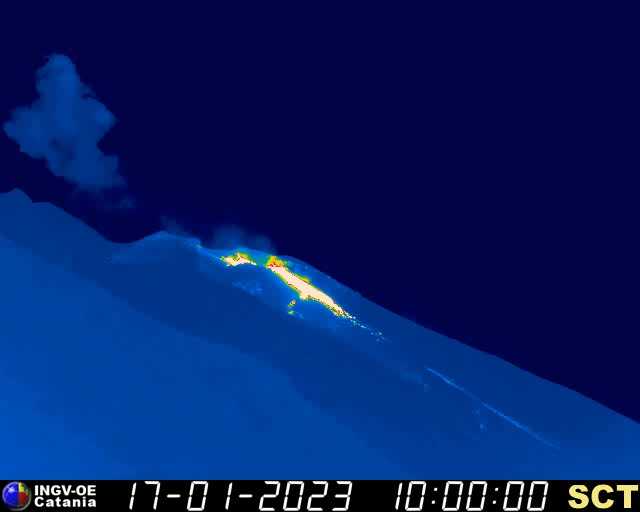 Thermal webcam displaying the new short lava flow from the North crater area this morning (image: INGV)