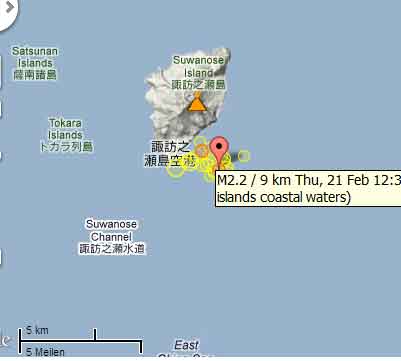 Location of recent earthquakes under Suwanose-Jima
