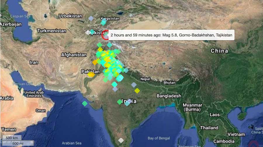 Location of user reports of the 12 Feb 2021 mag 5.8 Tajikistan quake