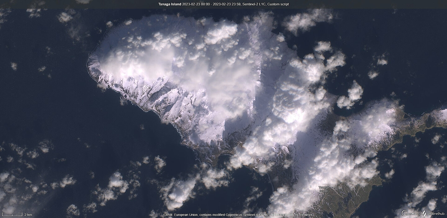 Tanaga Island as seen from space on 23 Feb (image: Sentinel-2)
