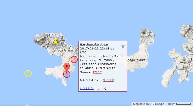 Location of the recent M4 earthquakes beneath Takawangha volcano (yellow circles)