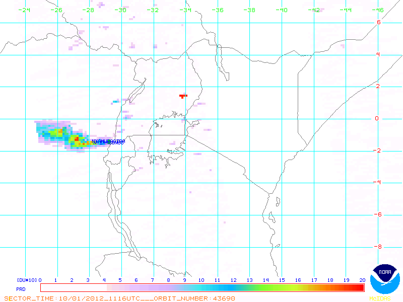 SO2 plume from Nyiragongo / Nyamuragira on 1 Oct (NOAA)