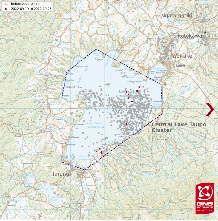 Distribution of small earthquakes has formed two main clusters beneath the lake at Taupo volcano since January 2022 (image: GeoNet New Zealand)