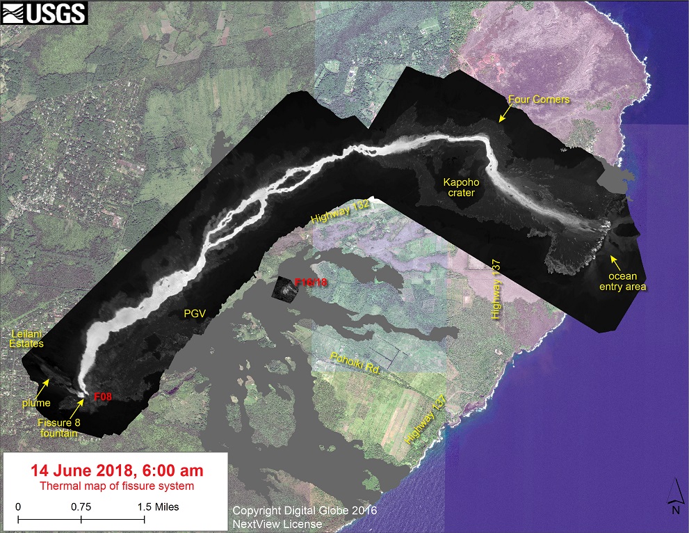 This thermal map shows the fissure system and lava flows as of 6 am on Thursday June 14, 2018. The fountain at Fissure 8 remains active, with the lava flow entering the ocean at Kapoho. Very small, weak lava flows have been active recently near the Fissure 16/18 area. The black and white area is the extent of the thermal map. Temperature in the thermal image is displayed as gray-scale values, with the brightest pixels indicating the hottest areas. (HVO/USGS)
