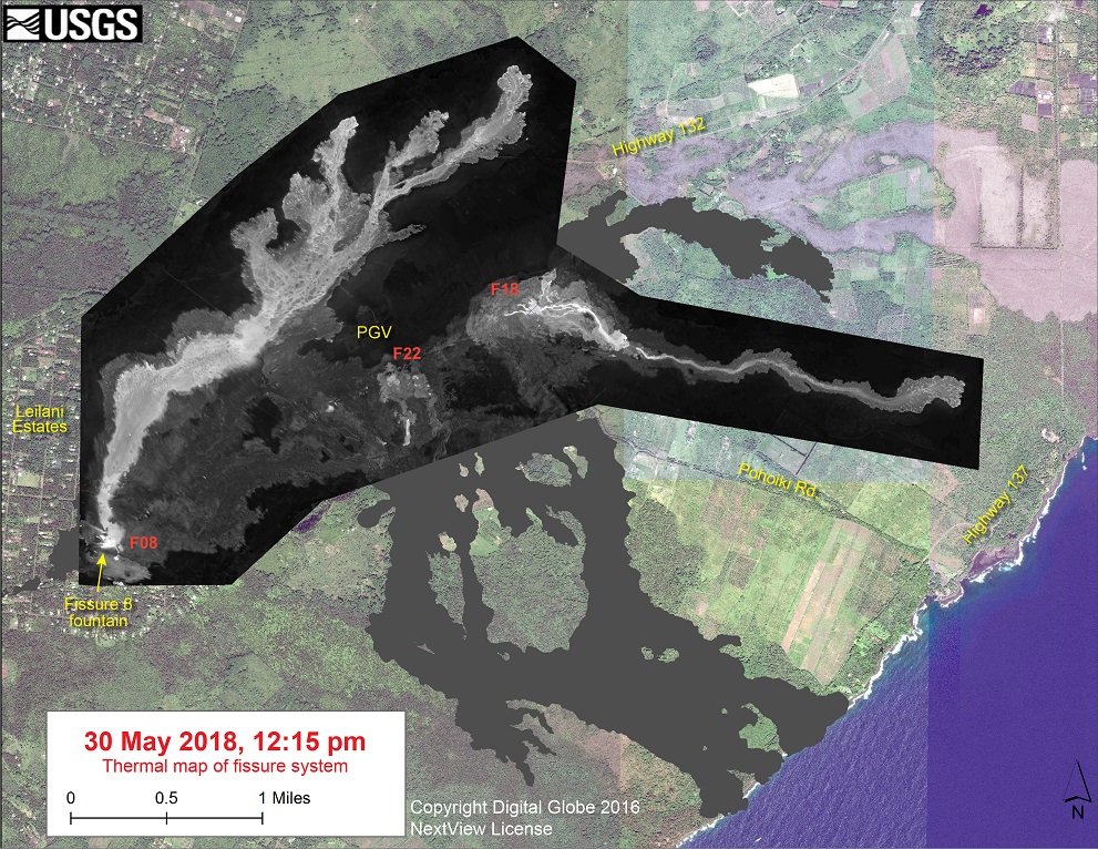 This thermal map shows the fissure system and lava flows as of 12:15 pm on Wednesday, May 30, 2018. The flow from Fissure 8 crossed Highway 132 yesterday and its front today was near Noni Farms Road during the noon overflight. In addition, Fissure 18 was producing a narrow channelized flow with the flow front 0.9 km (0.6 miles) from Highway 137. The black and white area is the extent of the thermal map. Temperature in the thermal image is displayed as gray-scale values, with the brightest pixels indicating the hottest areas. (HVO/USGS)