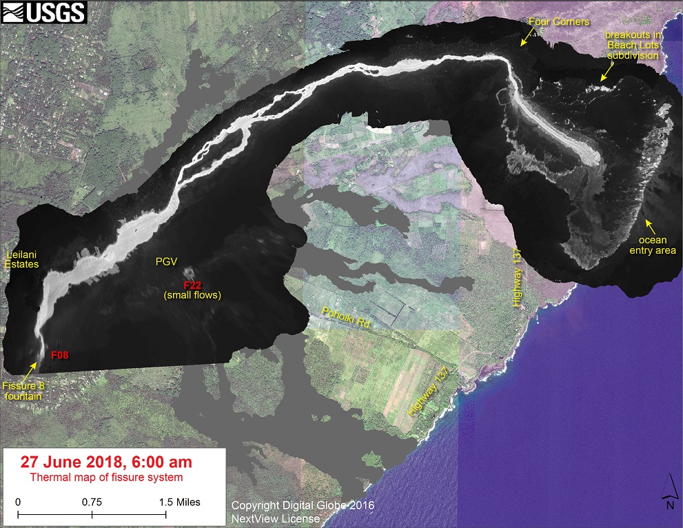 This thermal map shows the fissure system and lava flows as of 6 am on Wednesday, June 27. The fountain at Fissure 8 remains active, with the lava flow entering the ocean at Kapoho. Small breakouts were observed in the area of Kapoho Beach Lott as well as very small, short flows near Fissure 22. The black and white area is the extent of the thermal map. Temperature in the thermal image is displayed as gray-scale values, with the brightest pixels indicating the hottest areas. (HVO/USGS)