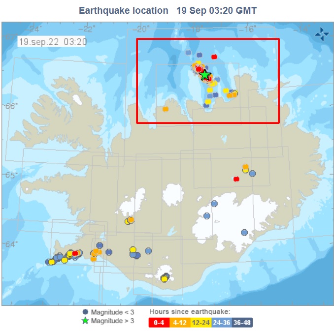 Earthquakes on Tjörnes Fracture Zone (red frame) during the last 48 hours (image: IMO)