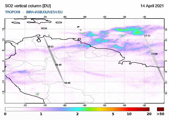 SO2 plumes from Soufrière St. Vincent volcano over the Atlantic (image: SACS, Royal Belgian Institute for Space Aeronomy)