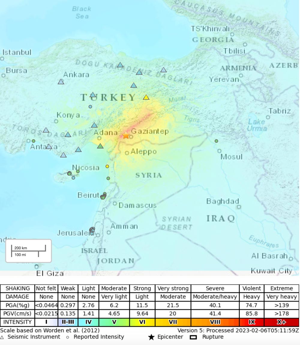 Major Magnitude 7.8 Earthquake 32 km West of Gaziantep, Turkey, on