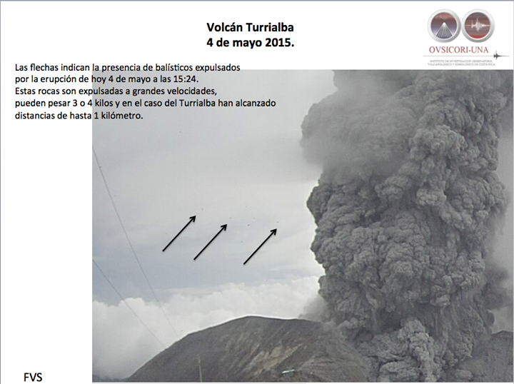 Eruption of Turrialba on 4 May with ejected bombs (arrows) (OVSICORI-UNA)
